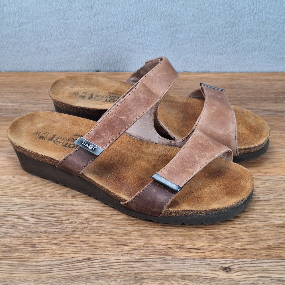 Naot Jacey Women's 7 EU 38 Double Strap Slide Sandals Brown Leather Israel
